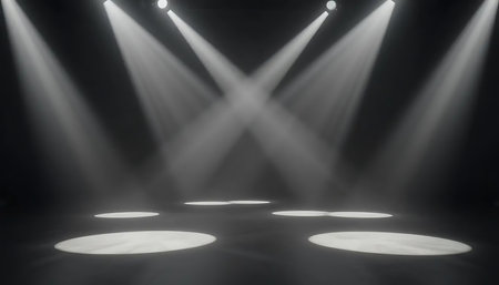 stage lighting effect on black background with spotlights, 3d renderの写真素材