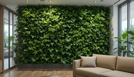 Interior of modern living room with green plant wall 3D rendering