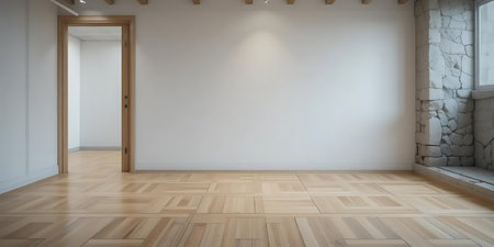 Empty room with wooden floor and white wall. 3D rendering.の写真素材