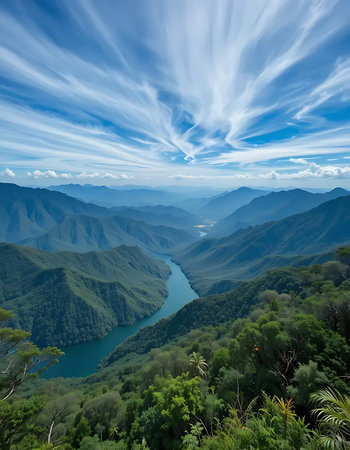 Aerial view of the lake and mountains in Yunnan, Chinaの写真素材