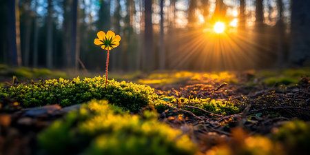 Sunrise in the forest with small yellow flower. Beautiful spring landscapeの写真素材