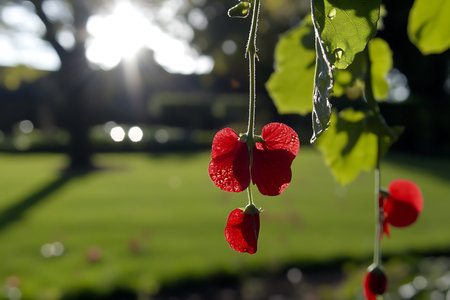 Beautiful red flower in the garden with sunlight. Shallow depth of fieldの写真素材
