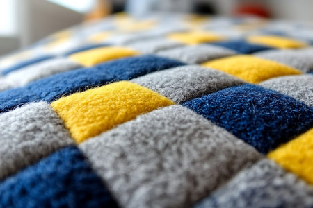 Close up of a blue and yellow woolen plaid. Selective focus.