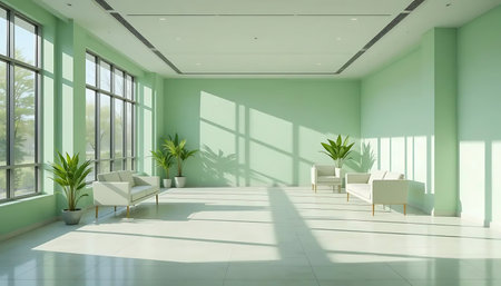 Interior of modern office lobby with green walls, tiled floor and comfortable white sofasの写真素材