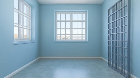 Blue empty room with window. 3D rendering.