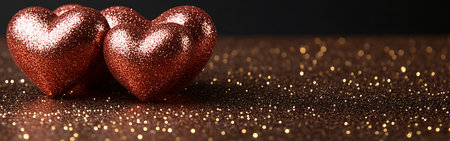 Two red hearts on golden glitter background, valentine's day conceptの写真素材
