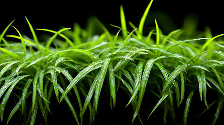 Close up of fresh green grass with dew drops on black background