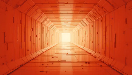 Futuristic interior corridor with orange light. 3D Renderingの写真素材
