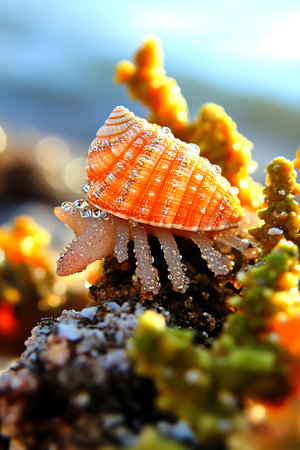 Sea shell and coral on the seashore. Shallow DOF