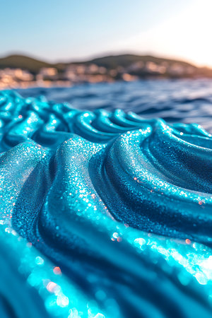 Abstract background of blue fabric with waves on the surface of the water.