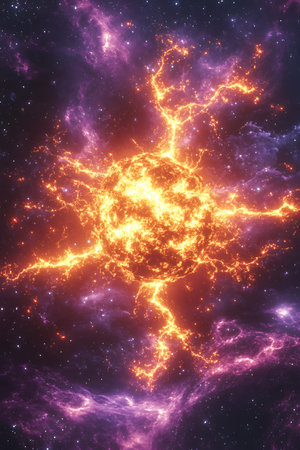 Fiery explosion in space. Abstract space background. 3D rendering
