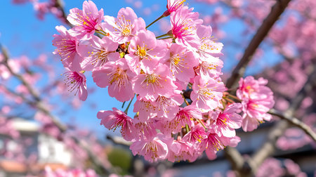 cherry blossom sakura, pink sakura flowers on blue sky background