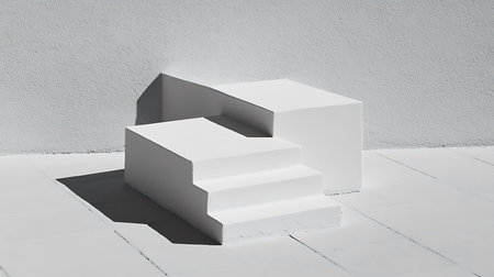 3D rendering of a white podium in a white room with concrete wallsの写真素材