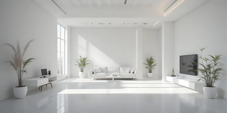 Modern white living room interior design with sofa and tv 3D rendering