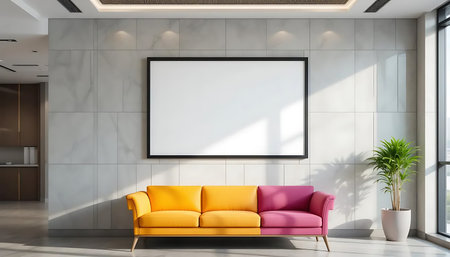 Interior of modern living room with white tiled walls, concrete floor, comfortable orange sofa and horizontal mock up poster frame.の写真素材