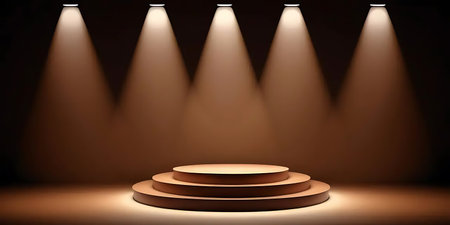 Round podium illuminated with spotlight. Award ceremony concept. Stage backdrop. Vector illustrationの写真素材