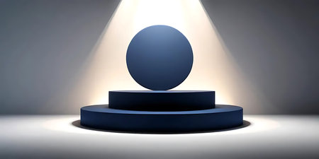 3d render of blue round podium with spotlight on gray background.の写真素材