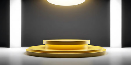 Golden pedestal in dark room with spotlights. 3D rendering