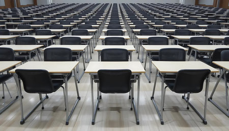 Empty classroom with rows of chairs and desks in a lecture hall.の写真素材