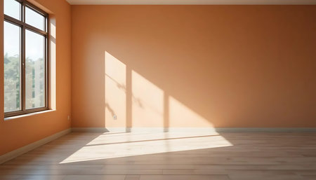 Empty room with orange wall and window. 3D render illustration.の写真素材