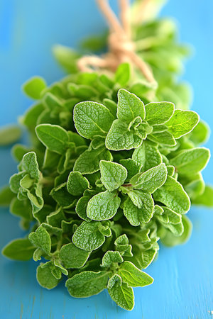 Fresh oregano on a blue wooden background. Selective focus.の写真素材