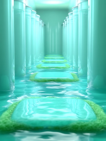 Futuristic corridor with green grass and clear water. 3d renderの写真素材