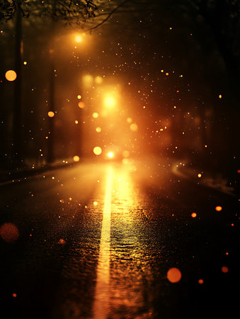 Night road in the fog. Blurred background with bokeh lightsの写真素材