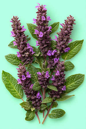 Purple flowers with leaves on green background. Top view.の写真素材