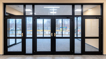 Interior of a modern office building, closeup of glass doors