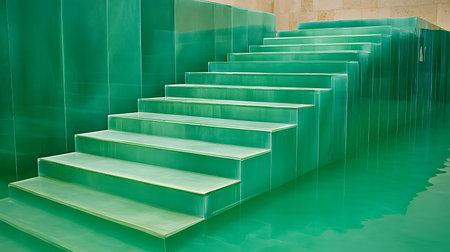 Green stairs in a swimming pool, detail of a modern swimming poolの写真素材