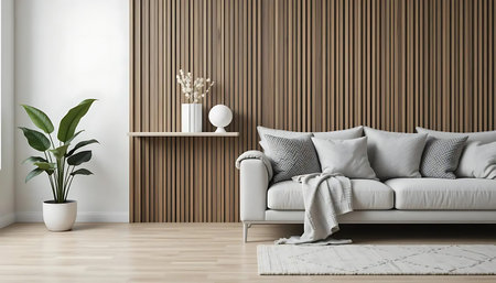 Modern living room interior with sofa and plant. 3d render illustrationの写真素材