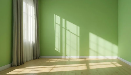 Empty room with green wall and window. 3d render image.の写真素材