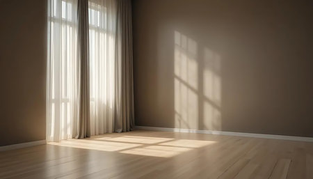 Empty room with window and wooden floor. 3d render illustration.の写真素材
