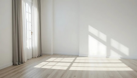 Empty room with window, white wall and wooden floor. 3d renderingの写真素材