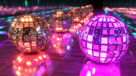 Glowing disco balls in the night club. 3D rendering.