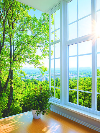 View from the window on the city and green trees. 3d rendering