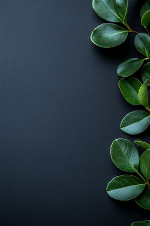 Green leaves on black background. Flat lay, top view, copy spaceの写真素材