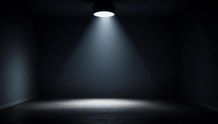 Empty dark room with spotlights and concrete floor. 3d rendering
