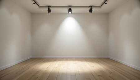 Empty room with white walls and hardwood flooring, illuminated by a spotlight system. The space is clean, minimalist, and suitable for showcasing art, products, or presentations.の写真素材