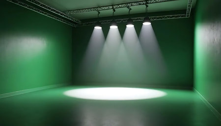 A studio background with a green screen and stage lighting. Focused spotlights create an isolated effect, emphasizing the importance of the foreground.の写真素材