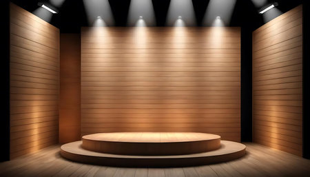 Wooden stage illuminated by spotlights is perfect for presentation. Ideal for product showcases or display backdrop.の写真素材