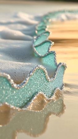 An ethereal aqua ribbon cascades gracefully on the gentle water, reflecting the warm hues of the sunset.の写真素材