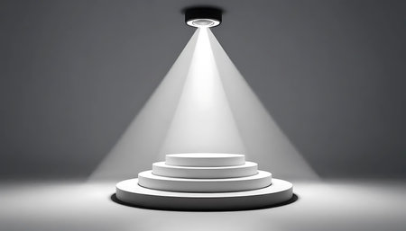 A clean and minimalist white stage illuminated by a bright spotlight, perfect for product presentations or showcasing exhibitions.の写真素材