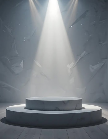 Minimalist stage design with a concrete podium under bright spotlights, ideal for product launches or presentations.の写真素材