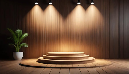 Podium on wooden floor illuminated by spotlights. 3D renderingの写真素材
