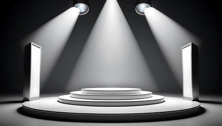 A stark and dramatic stage setting, bathed in bright spotlights. Perfect for showcasing products, awards, or any presentation that demands attention.の写真素材