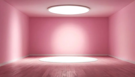 A bright pink room with a wooden floor and spotlight. Suitable for displaying product presentations.の写真素材