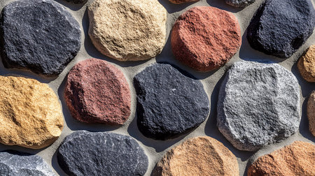 A high-angle close-up captures a wall cladding made of multicolored, natural stones with varying...
