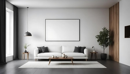 Bright modern living room interior, stylish home with blank frame canvasの写真素材