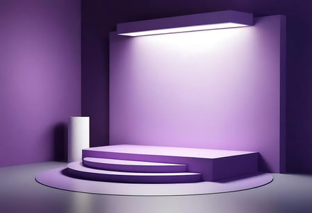 A minimalist purple stage setup with spotlighting, ideal for product showcases or presentations.の写真素材
